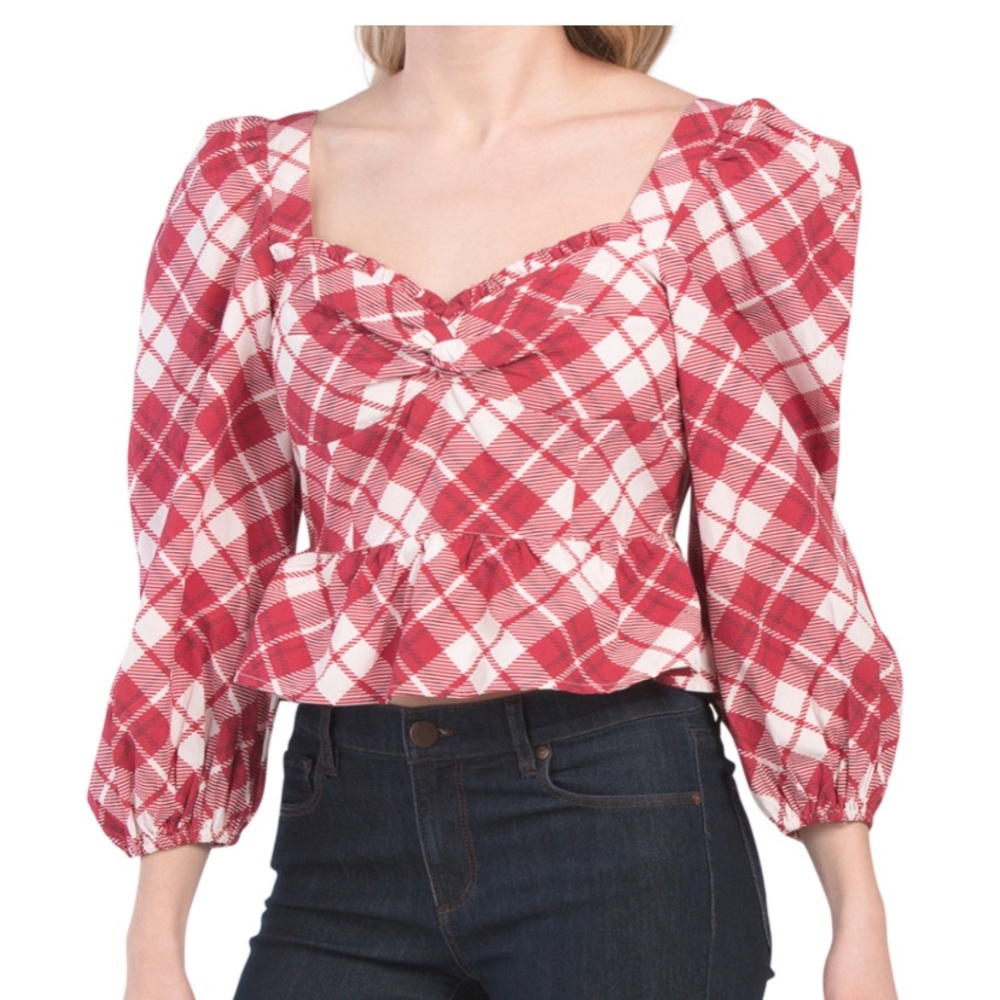 Brand New RAHI plaid sweetheart neck top